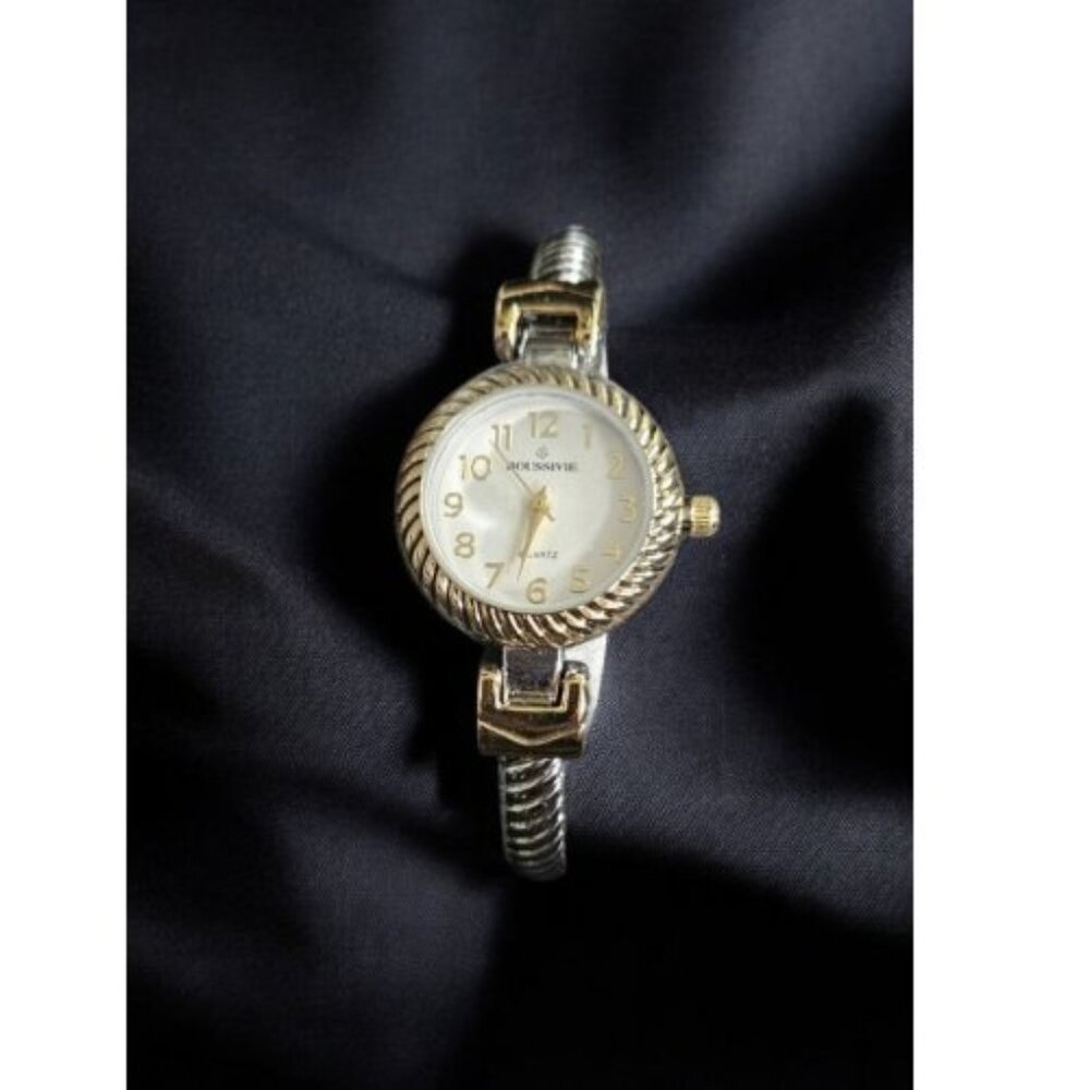 BOUSSIVIE Silver and Goldtone Ladies Hinged Clamper Quartz Cuff Bracelet Watch